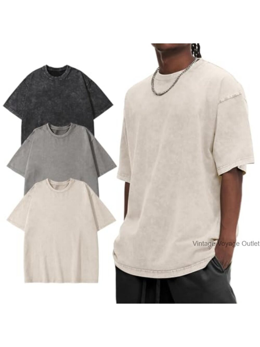 Heavyweight Acid Washed Vintage Cotton Tee, Pack of 3, Oversized Drop Shoulder